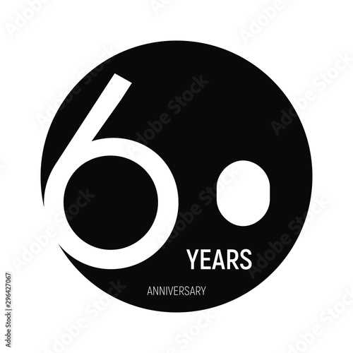 60 years anniversary logo template isolated on white, black and white print; 60th anniversary icon in a circle; sixty years birthday seal symbol