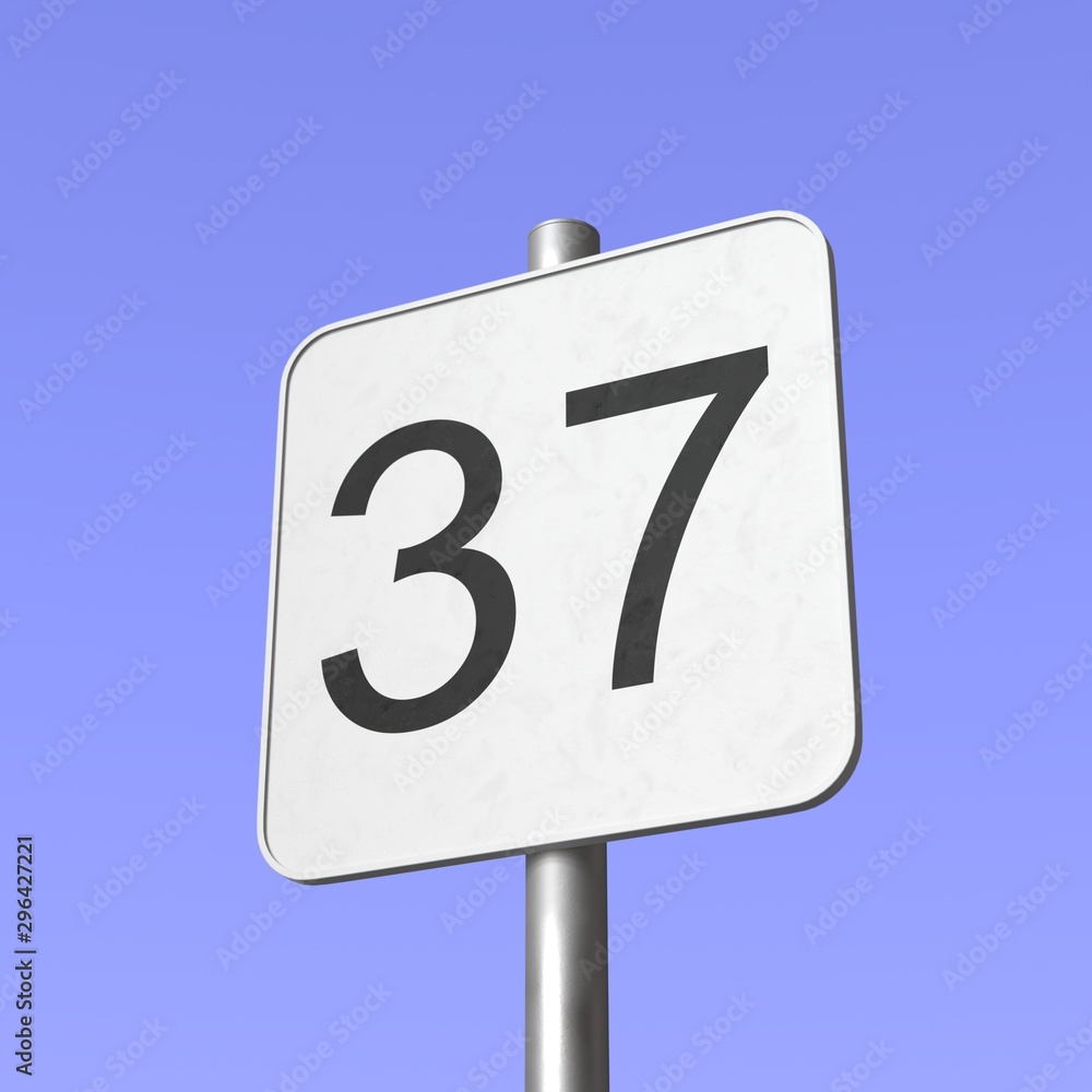Number 37. Thirty seven. Street sign on blue clear sky background