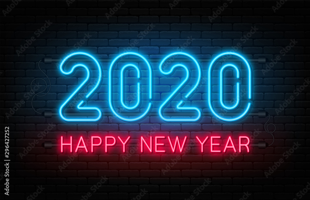 Happy New Year 2020. Neon sign, glowing text for New Year and Christmas decoration. Neon light effect for background, banner, poster and greeting card