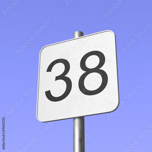 Number 38. Thirty eight. Street sign on blue clear sky background