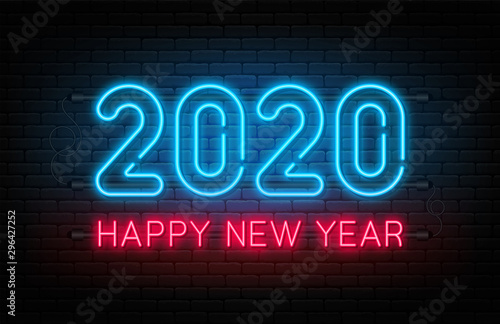 Happy New Year 2020. Neon sign, glowing text for New Year and Christmas decoration. Neon light effect for background, banner, poster and greeting card