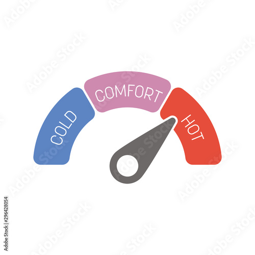 Radial gauge thermometer scale with labels Cold, Comfort and Hot. Temperature indicator. Vector illustration