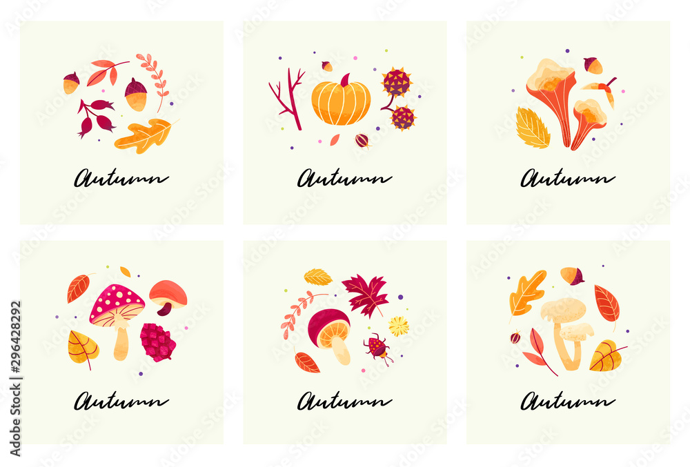 Autumn mood cards with autumn compositions of leaves, mushrooms, twigs, beetles and seeds. 