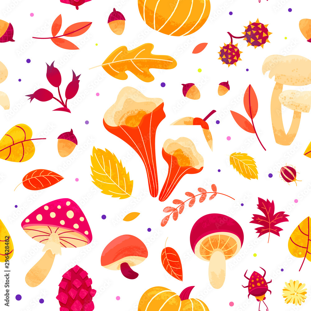 Autumn pattern with leaves, mushrooms, twigs, beetles and seeds. Autumn pattern with leaves, mushrooms, twigs, beetles and seeds.