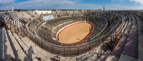 Panorama of the inside of Arena of Nîmes (Les Arena de Nimes), a Roman amphitheatre in Nîmes, France.
