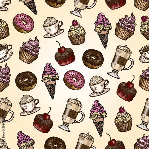 Hand drawn seamless pattern of color cakes, chocolate, coffee, cappuchino and ice cream.