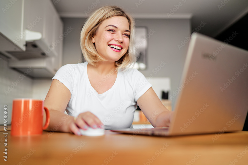 Working at home. Freelance concept. Pretty young woman using laptop in kitchen. Working at home. Freelance concept. Pretty young woman using laptop in kitchen.