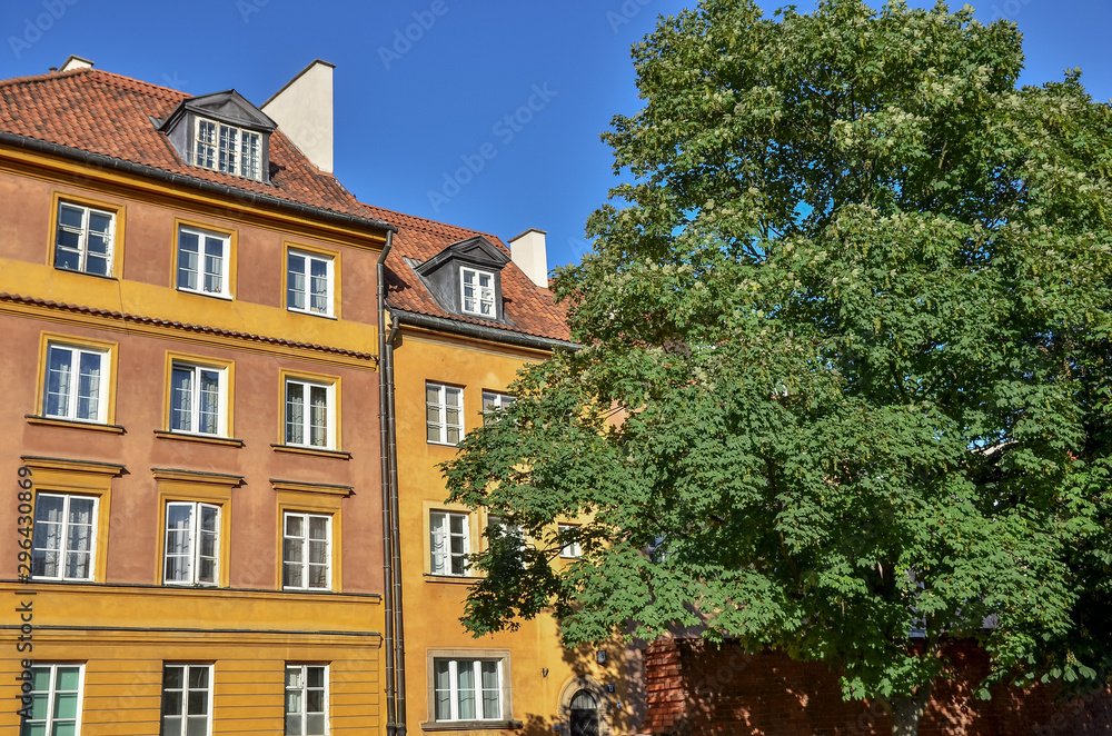 Warsaw old streets with tiled roofs of historic city