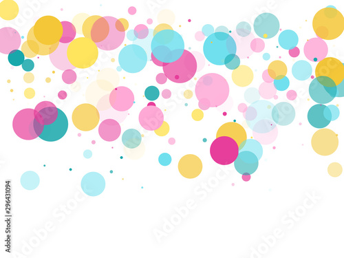 Memphis round confetti festive background in cyan blue, pink and yellow. Childish pattern vector.