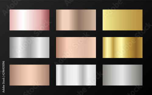 Metallic foil texture silver, steel, chrome, platinum, copper, bronze, aluminum, rose gold gradient swatches. 