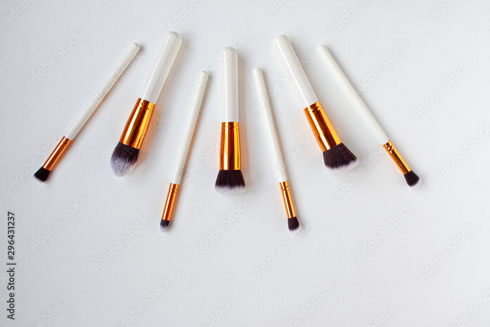 Flat lay top view of female cosmetics brushes set for makeup on white background. Cosmetics and beauty concept. Make up concept with space for text..