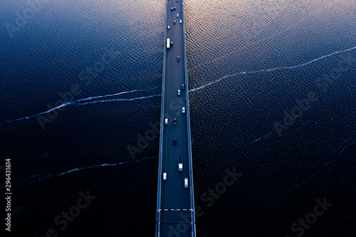 Canvastavla Aerial of Tasman bridge over wide flowing Derwent river in Tasmania Australia at