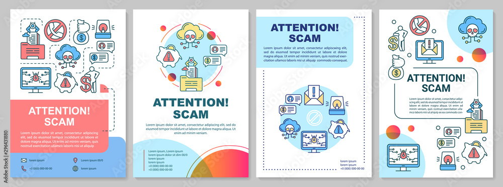 Attention scam brochure template. Fraud warning flyer, booklet, leaflet, cover design with linear illustrations. Stealing info. Internet crime. Vector page layouts for magazines, advertising posters Attention scam brochure template. Fraud warning flyer, booklet, leaflet, cover design with linear illustrations. Stealing info. Internet crime. Vector page layouts for magazines, advertising posters