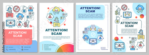 Attention scam brochure template. Fraud warning flyer, booklet, leaflet, cover design with linear illustrations. Stealing info. Internet crime. Vector page layouts for magazines, advertising posters