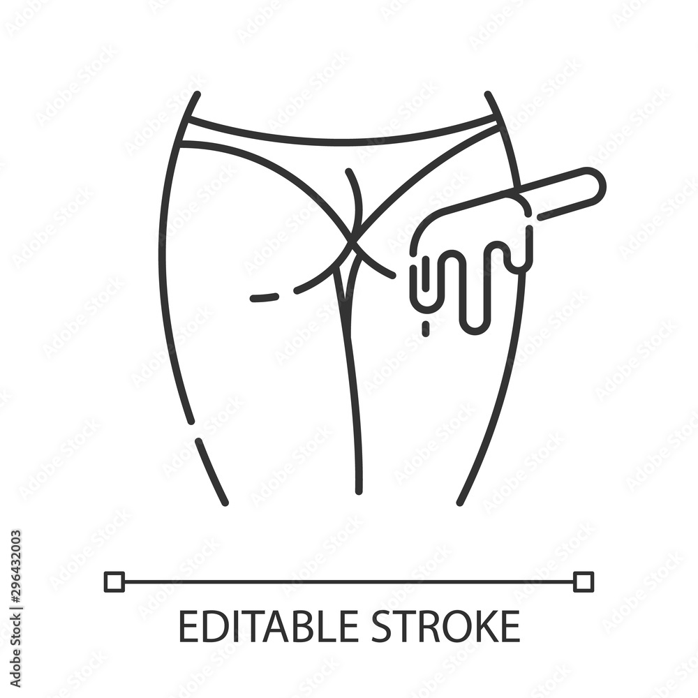 Buttocks waxing linear icon. Female butt hair removal procedure. Depilation  with natural soft hot wax. Thin line illustration. Contour symbol. Vector  isolated outline drawing. Editable stroke Stock Vector