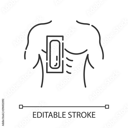 Chest waxing linear icon. Male hair removal procedure. Depilation with natural soft, cold wax strip. Thin line illustration. Contour symbol. Vector isolated outline drawing. Editable stroke