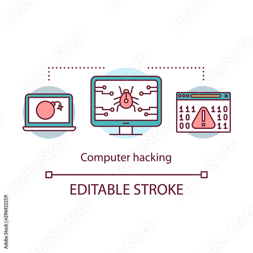 Computer hacking concept icon. Cyber attack idea thin line illustration. Stealing personal info. Internet crime, fraud. Bugs and virus. Vector isolated outline drawing. Editable stroke