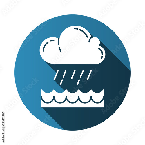 Downpour blue flat design long shadow glyph icon. Cloud, heavy rainfall, incoming water. Rainstorm. Torrential, pouring rain over of water. Monsoon season. Vector silhouette illustration