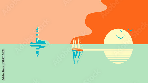 Sailboat or boat floats in the sea at sunset. In the distance is an island or shore with a lighthouse