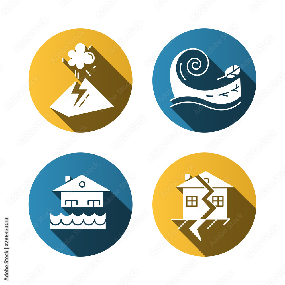 Natural disaster flat design long shadow glyph icons set. Geological and atmospheric hazards. Flood, tsunami, volcanic eruption, earthquake. Destructive force of nature. Vector silhouette illustration