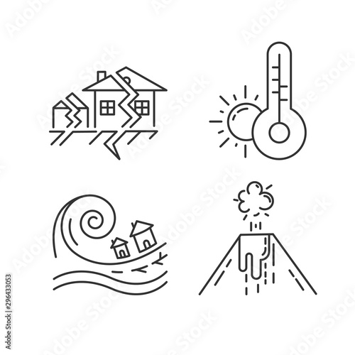 Natural disaster linear icons set. Earthquake, weather forecast, tsunami, volcanic eruption. Global hazards. Thin line contour symbols. Isolated vector outline illustrations. Editable stroke