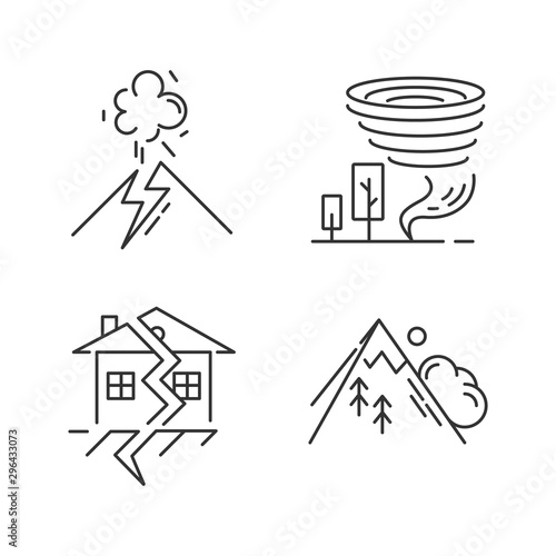 Natural disaster linear icons set. Volcanic eruption, earthquake, tornado, avalanche. Emergency management. Thin line contour symbols. Isolated vector outline illustrations. Editable stroke