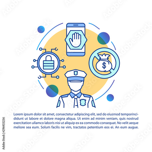 Scam prevention article page vector template. Fraud and crime protection brochure, booklet design element with linear icons. Stopping illegal actions. Print design. Concept illustrations with text