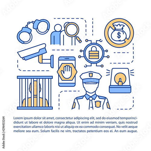 Scam prevention article page vector template. Fraud protection brochure, magazine, booklet design element with linear icons. Illegal actions prohibition. Print design. Concept illustrations with text