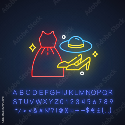 Women fashion neon light icon. Female clothing, shoes. Apparel details. E commerce department, online shopping categories. Glowing sign with alphabet, numbers and symbols. Vector isolated illustration