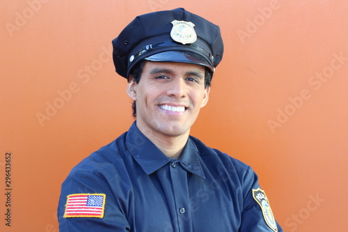 Ethnic American police officer with copy space  photo