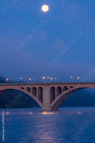 Waning Full Moon Over Key Bridge and the Potomac River As Dawn Approaches
