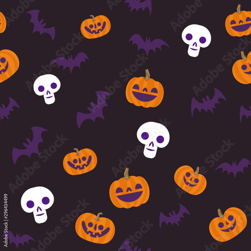 Halloween seamless pattern. Skulls  pumpkins and bats. Cute illustrations. Background texture.
