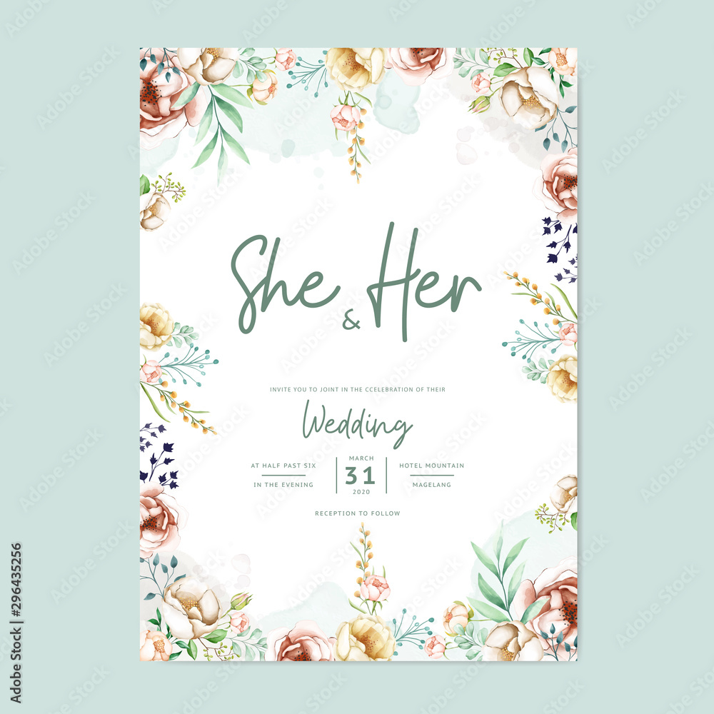 wedding invitation card with lovely watercolor flowers template