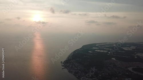 Aerial view Tanjung Dawai town during sunset hour. photo