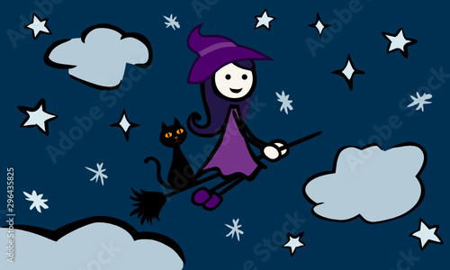 simple_witch_broom_cat_pink dress_night_stars_clouds__by jziprian