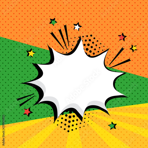 White empty speech bubble with stars and halftone dots shadow on colorful background. Comic sound effects in pop art style. Vector