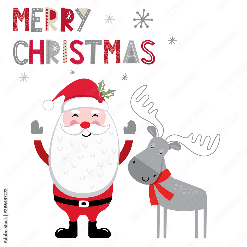 Christmas card with cute moose and cute Santa Claus
