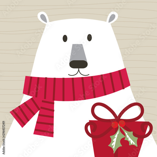 Christmas card with cute bear and Christmas gift, cute Christmas character design
