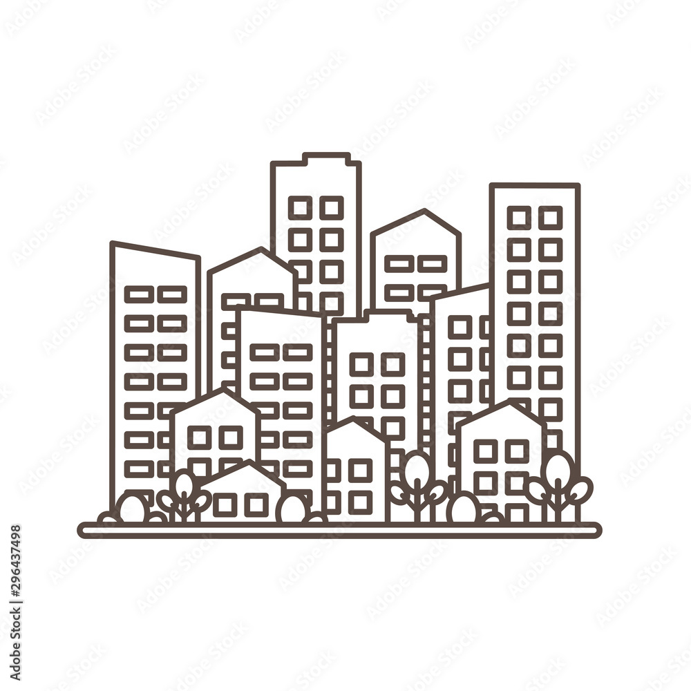 Cityscape. City modern buildings, housing district, town homes. Black outline design isolated on white background. Vector illustration