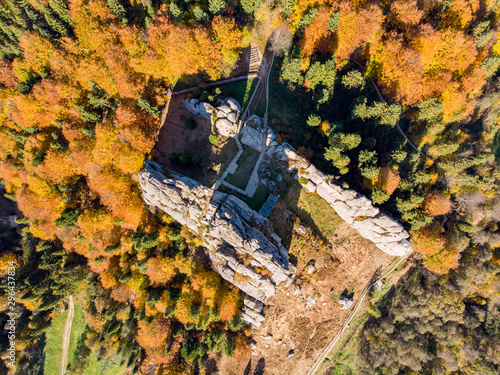Tustan at fall, Urych, Ukraine. Drone shot