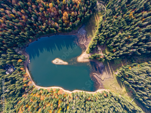 Synevyr at fall, Ukraine. Drone shot