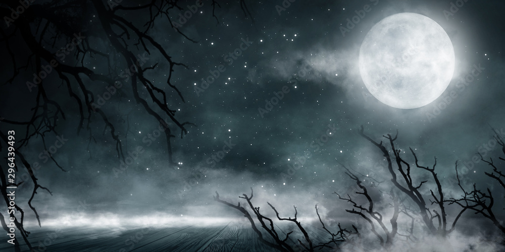 Dark forest. Gloomy dark scene with trees, big moon, moonlight. Smoke,  shadow. Abstract dark, cold street background. Night view. Stock  Illustration | Adobe Stock