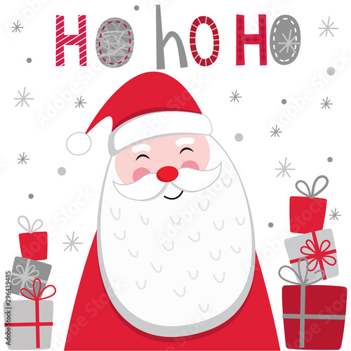 Cute Santa Claus with some Christmas gift and ho h o ho letter on white background