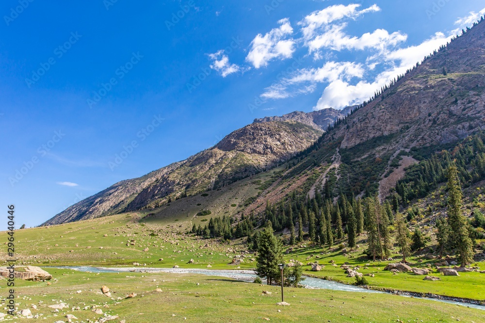 Kyrgyzstan gorges.Sky blue. Mountain valley. Panoramic view. Park, outdoor.