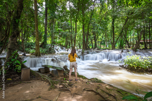 View of Kroeng Krawia Waterfall around with green forest in Sangkhlaburi, Kanjanaburi, Thailand.