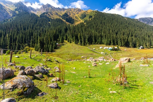 Kyrgyzstan gorges.Sky blue. Mountain valley. Panoramic view. Park, outdoor. photo