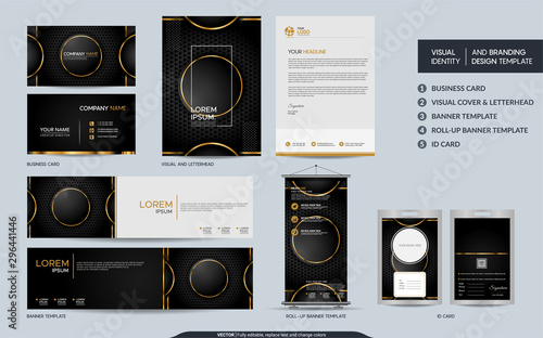 Luxury black gold stationery mock up set and visual brand identity with abstract overlap layers background.