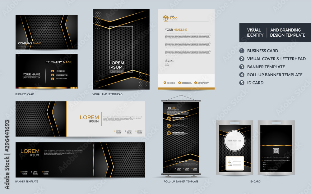 Luxury black gold stationery mock up set and visual brand identity with abstract overlap layers background. Luxury black gold stationery mock up set and visual brand identity with abstract overlap layers background.