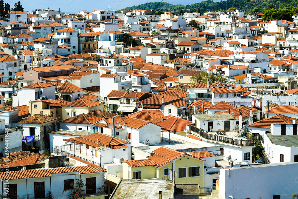 High angle view of typical white houses of Skiathos old town on Skiathos island