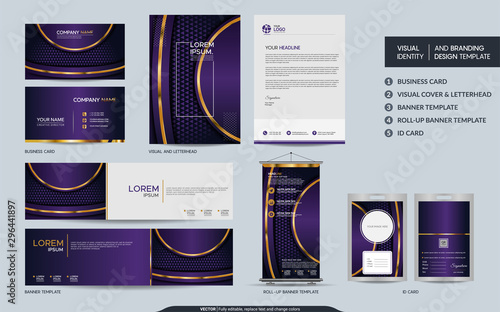 Luxury purple stationery mock up set and visual brand identity with abstract overlap layers background.